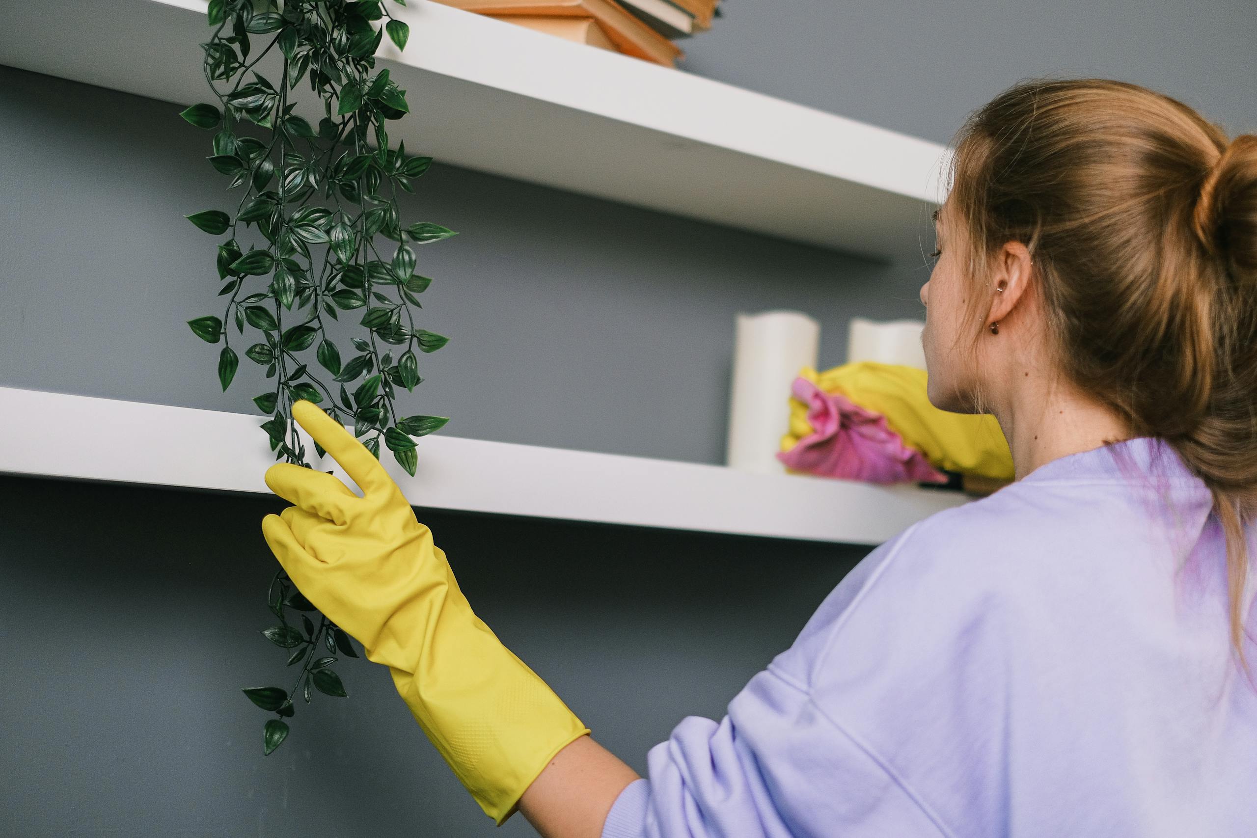 Woman in gloves wiping shelf indoors, emphasizing cleanliness and hygiene.